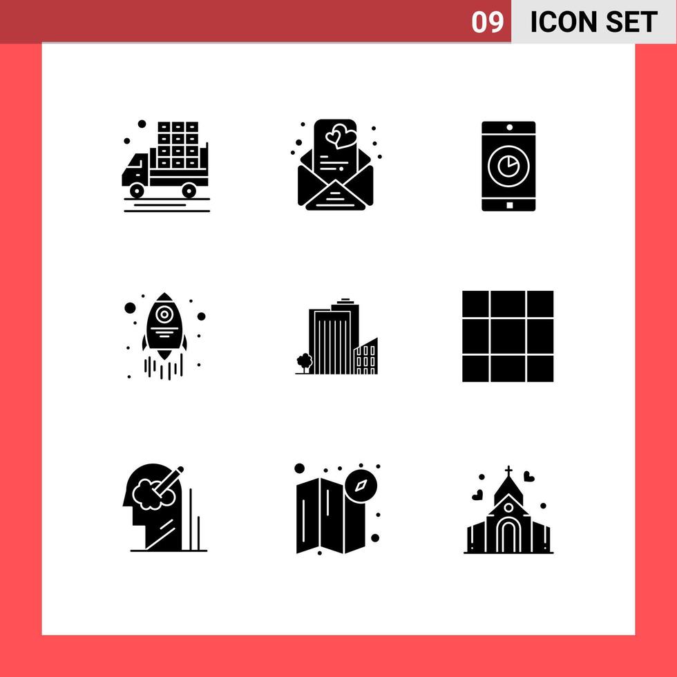 Group of 9 Modern Solid Glyphs Set for tower build mobile building rocket Editable Vector Design Elements