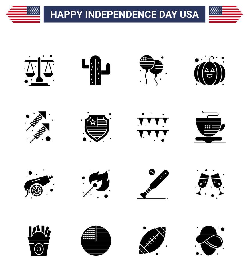 Happy Independence Day Pack of 16 Solid Glyphs Signs and Symbols for firework celebration bloon festival food Editable USA Day Vector Design Elements