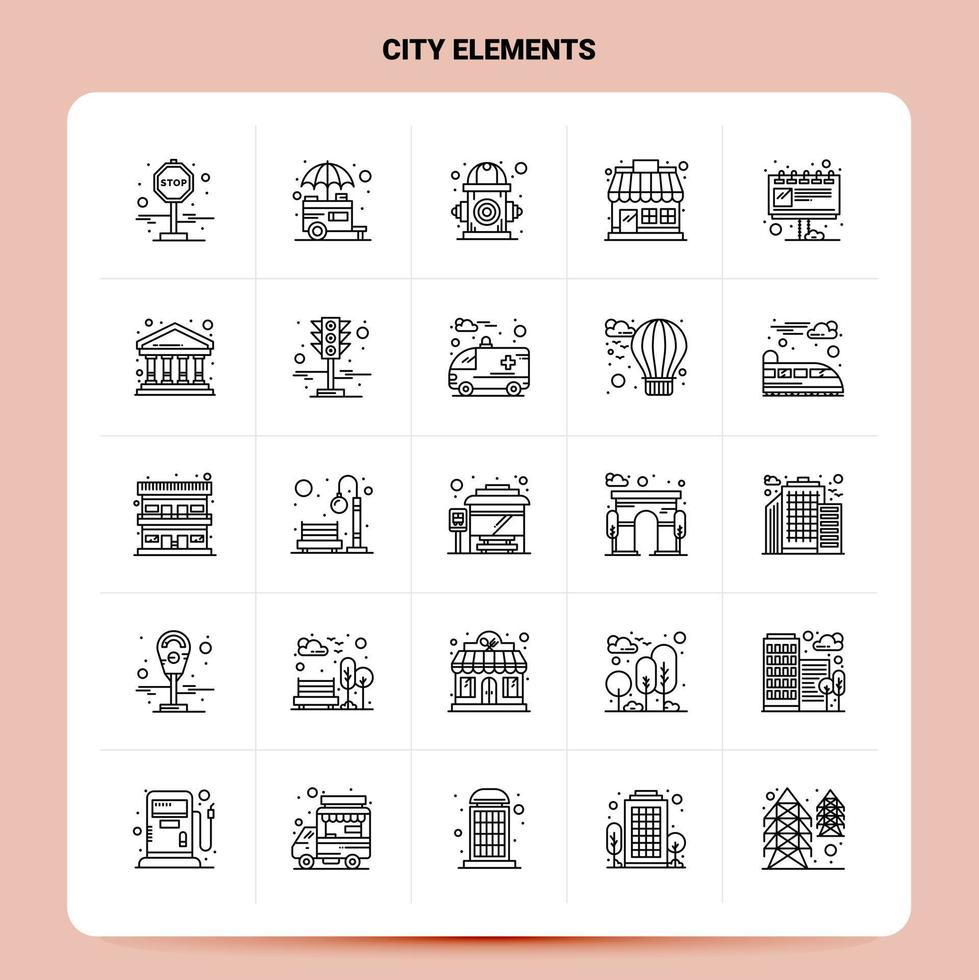 OutLine 25 City Elements Icon set Vector Line Style Design Black Icons Set Linear pictogram pack Web and Mobile Business ideas design Vector Illustration