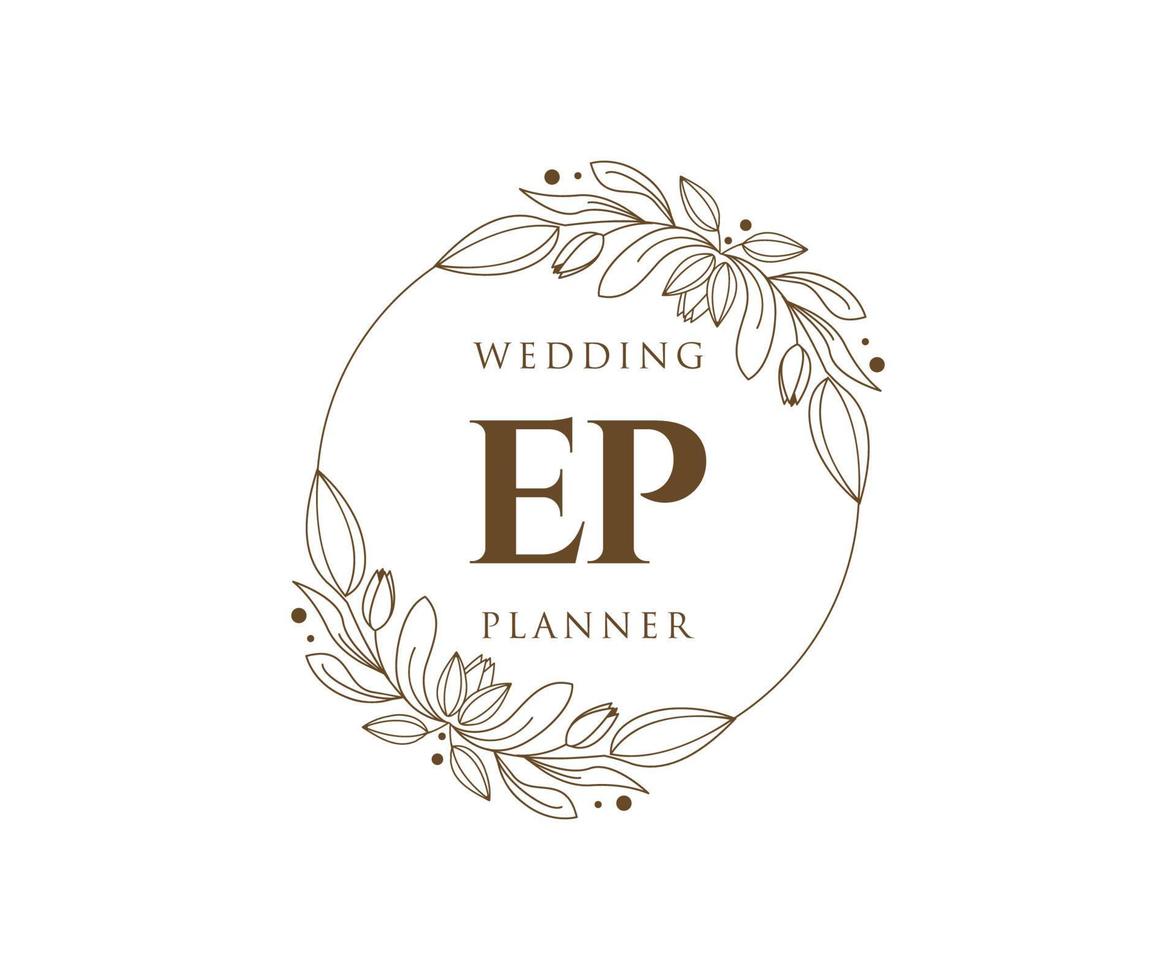 colección de logotipos de monogramas de boda con letras iniciales ep, plantillas florales y minimalistas modernas dibujadas a mano para tarjetas de invitación, guardar la fecha, identidad elegante para restaurante, boutique, café en vector