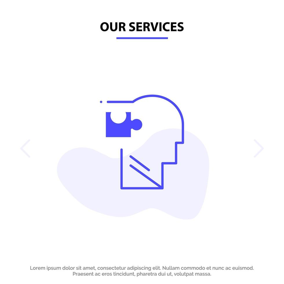 Our Services Human Logical Mind Puzzle Solution Solid Glyph Icon Web card Template vector