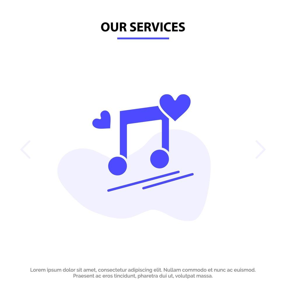 nuestros servicios nodo de música letras de nodos canción de amor icono de glifo sólido plantilla de tarjeta web vector