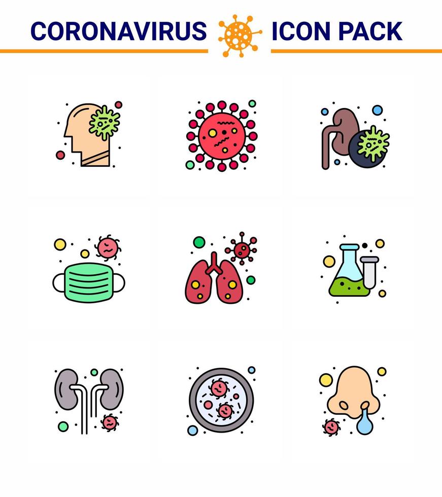 Coronavirus Precaution Tips icon for healthcare guidelines presentation 9 Filled Line Flat Color icon pack such as safety mask virus face lungs viral coronavirus 2019nov disease Vector Design Ele