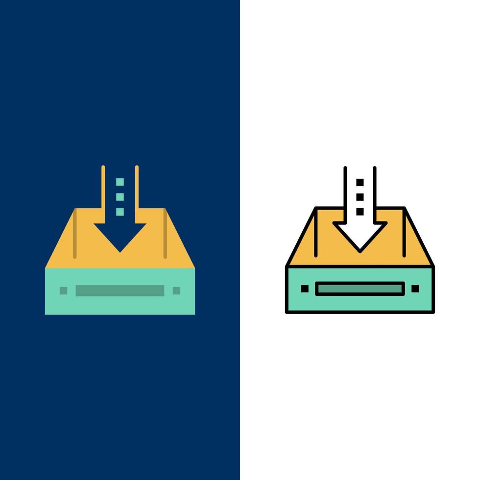 Inbox Box Cabinet Document Empty Project   Icons Flat and Line Filled Icon Set Vector Blue Background