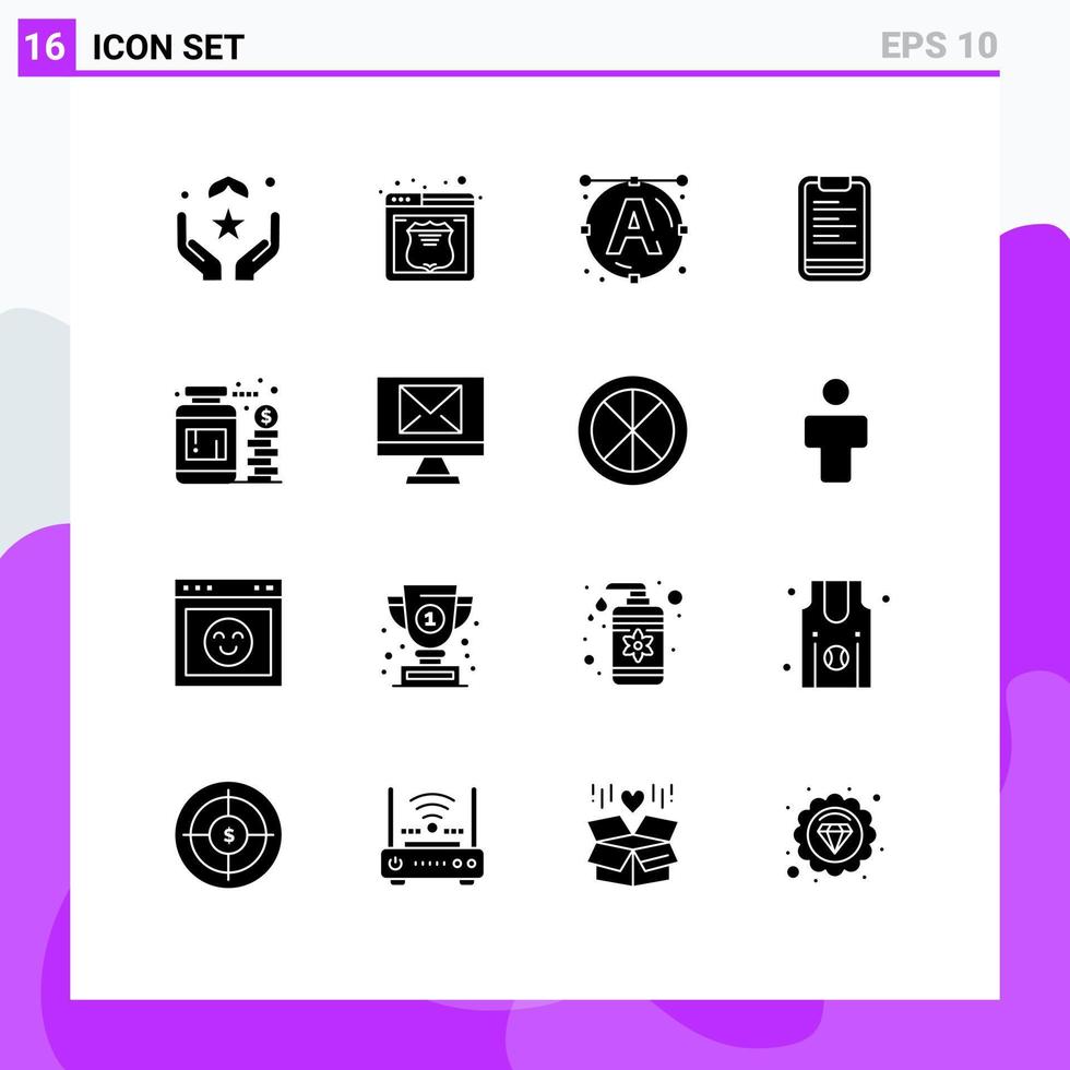 16 User Interface Solid Glyph Pack of modern Signs and Symbols of jar motivation web board clipboard Editable Vector Design Elements