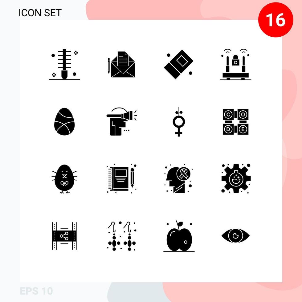Mobile Interface Solid Glyph Set of 16 Pictograms of decoration protection letter lock crime Editable Vector Design Elements