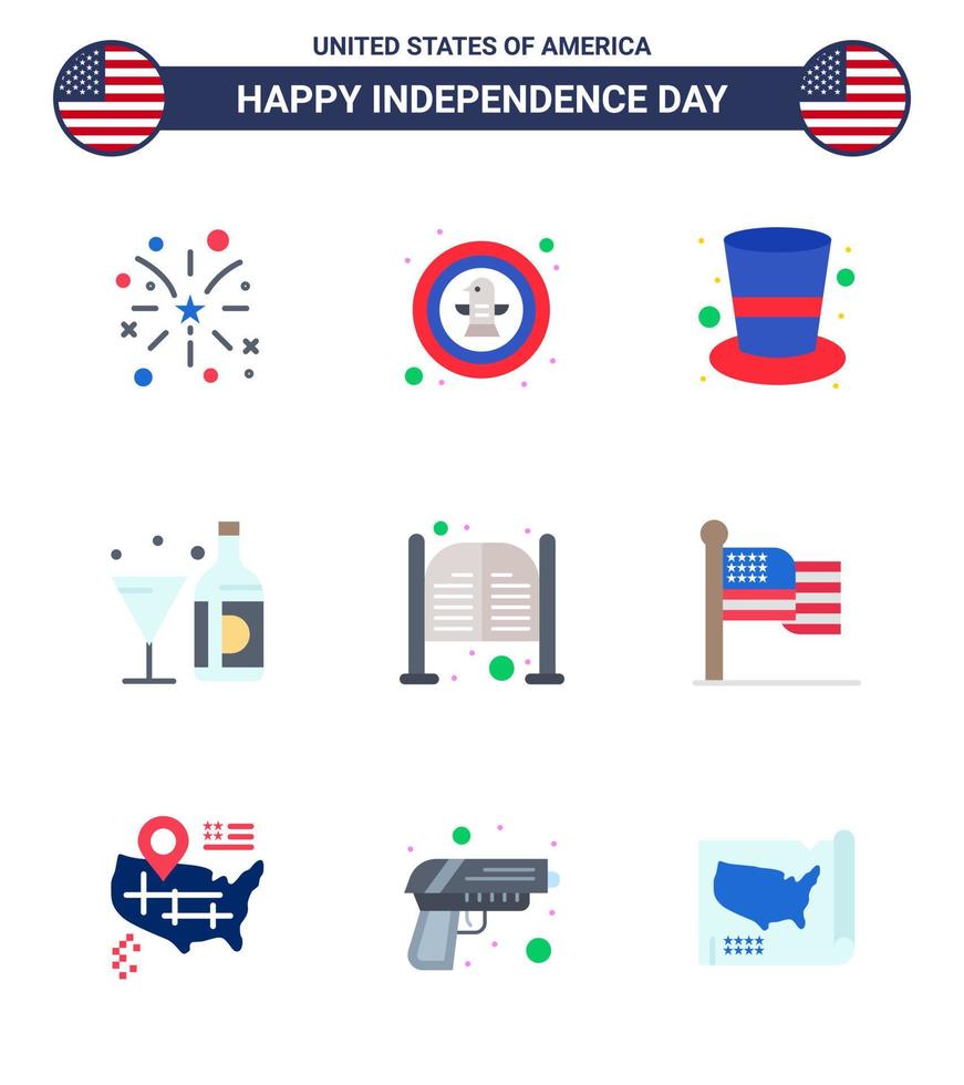 9 Flat Signs for USA Independence Day glass american badge wine magic hat Editable USA Day Vector Design Elements