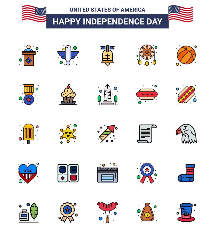 Happy Independence Day 25 Flat Filled Lines Icon Pack for Web and Print american dream catcher state decoration usa Editable USA Day Vector Design Elements