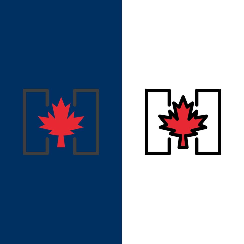 bandera otoño canadá hoja iconos plano y línea llena conjunto de iconos vector fondo azul