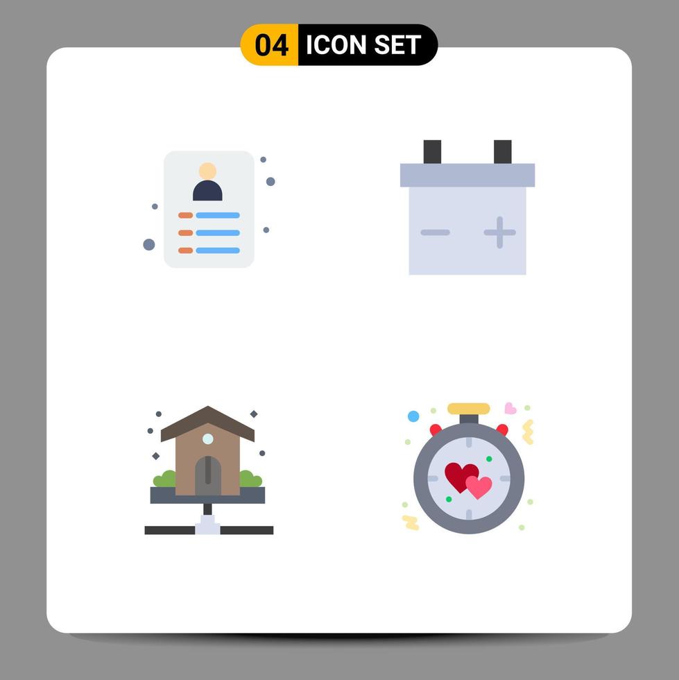 conjunto moderno de 4 iconos y símbolos planos, como reloj de compras, batería, fontanero, alarma, elementos de diseño vectorial editables vector