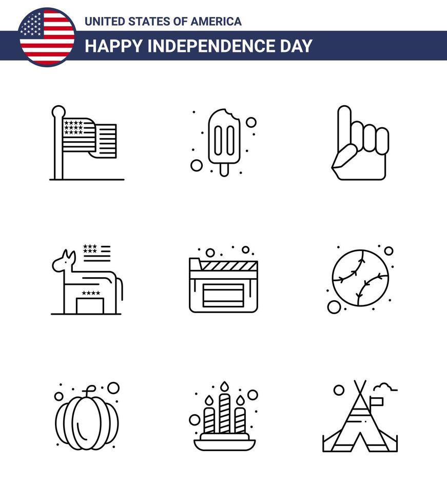 9 USA Line Pack of Independence Day Signs and Symbols of film cinema hand symbol american Editable USA Day Vector Design Elements