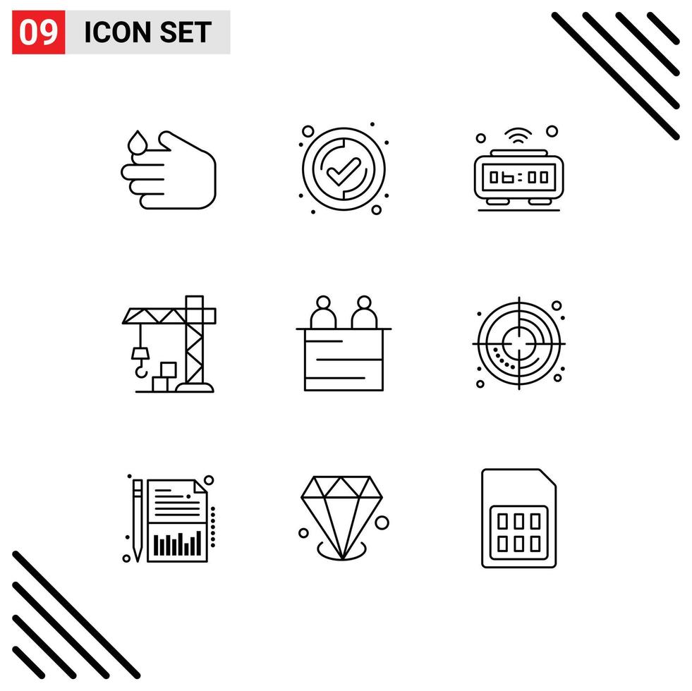 Set of 9 Vector Outlines on Grid for people business clock crane architecture Editable Vector Design Elements