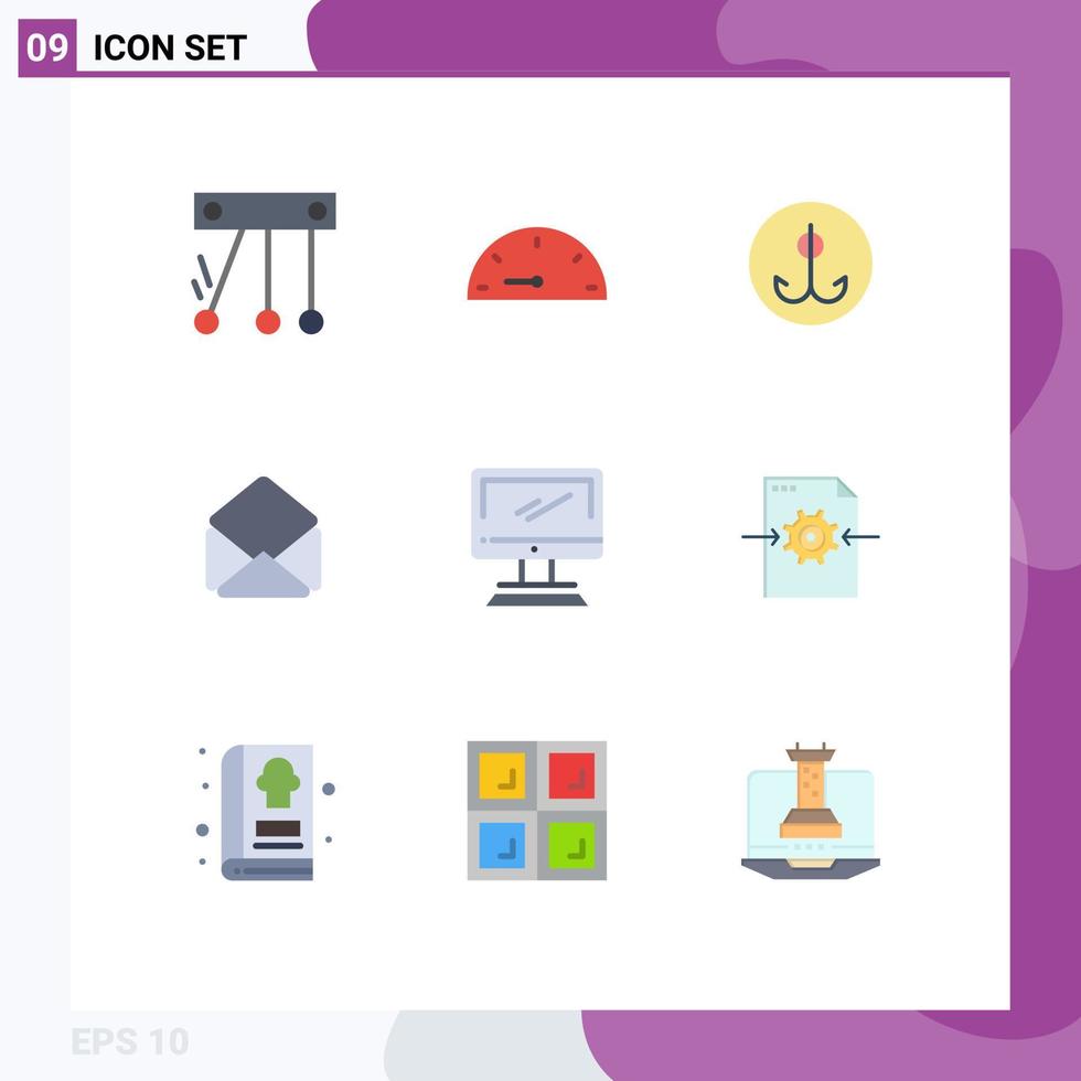 Group of 9 Flat Colors Signs and Symbols for pc device hook monitor open Editable Vector Design Elements