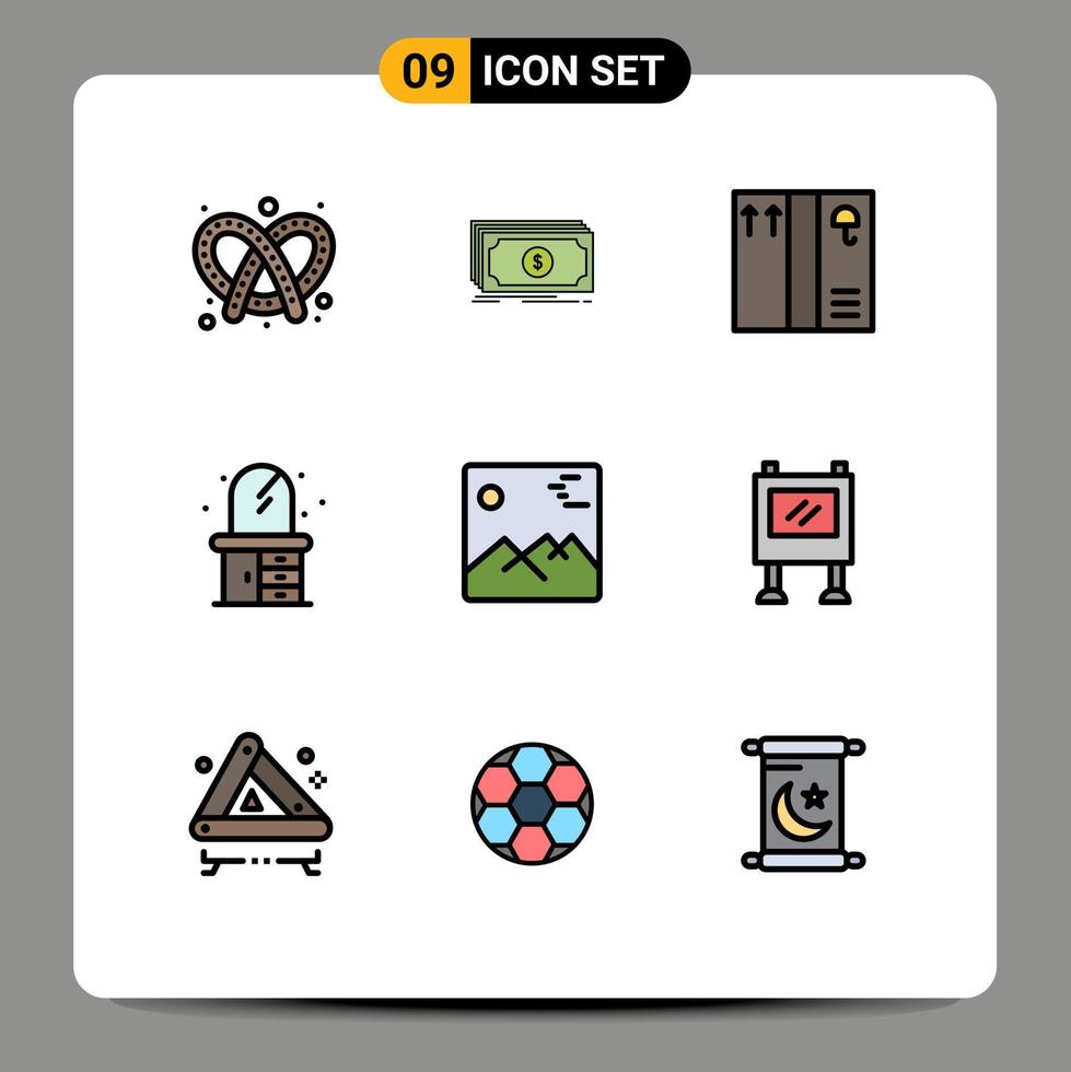 9 User Interface Filledline Flat Color Pack of modern Signs and Symbols of advertisement picture box image dresser Editable Vector Design Elements
