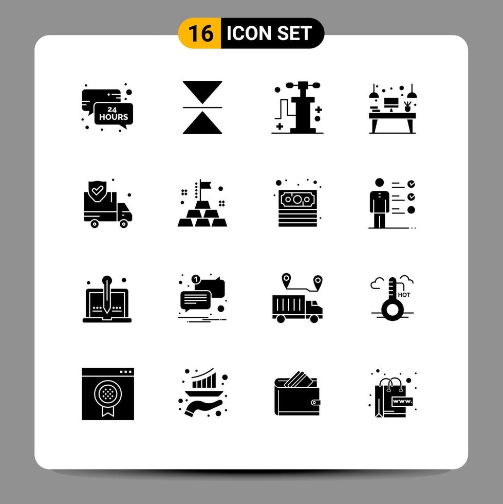 16 Thematic Vector Solid Glyphs and Editable Symbols of security insurance transport monitor workplace Editable Vector Design Elements