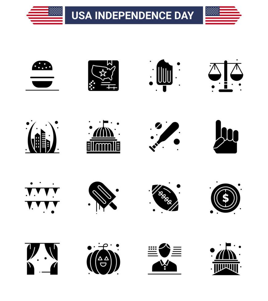 Happy Independence Day USA Pack of 16 Creative Solid Glyphs of building scale cold law court Editable USA Day Vector Design Elements