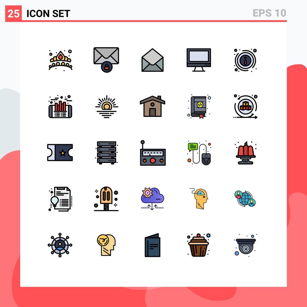 Set of 25 Vector Filled line Flat Colors on Grid for info pc email imac monitor Editable Vector Design Elements