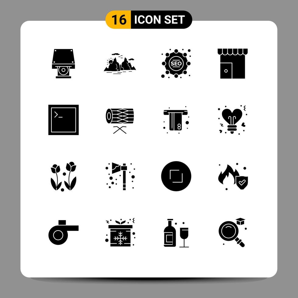 Pack of 16 Modern Solid Glyphs Signs and Symbols for Web Print Media such as code shop sun marketplace building Editable Vector Design Elements