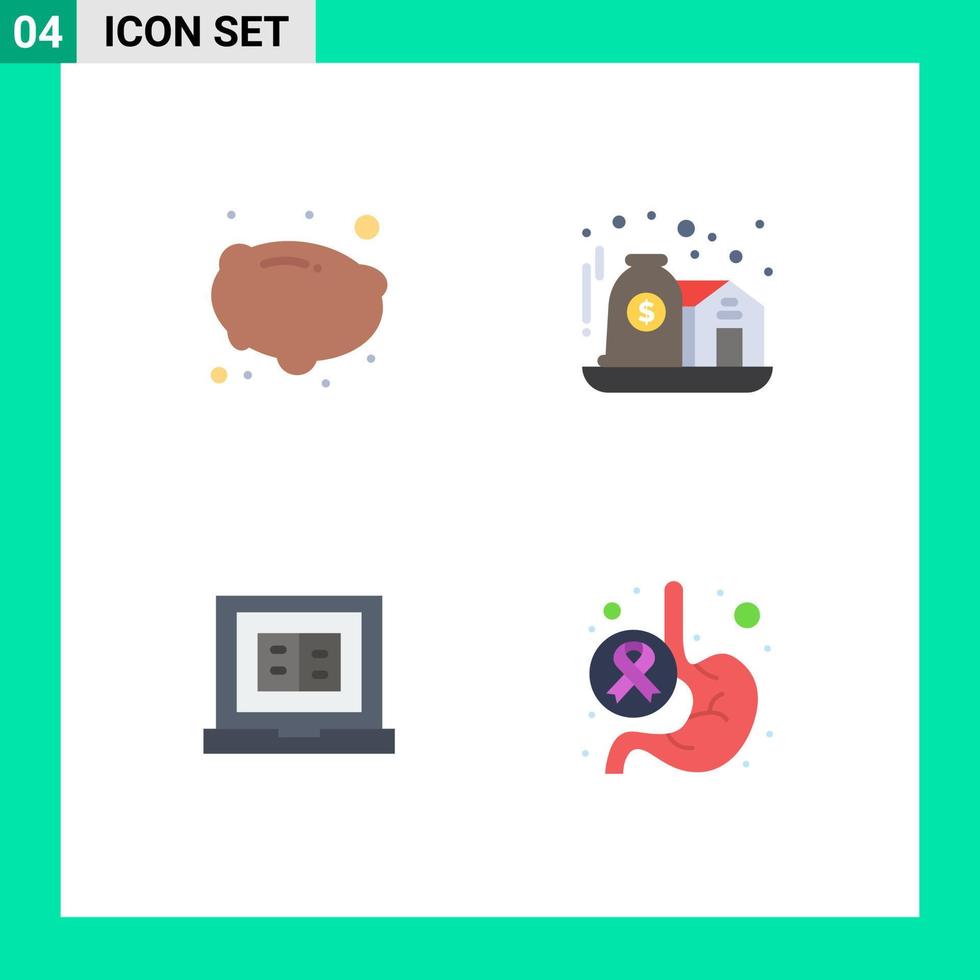 conjunto moderno de 4 iconos y símbolos planos, como elementos de diseño de vectores editables para el cuidado de los activos del ordenador portátil de alimentos