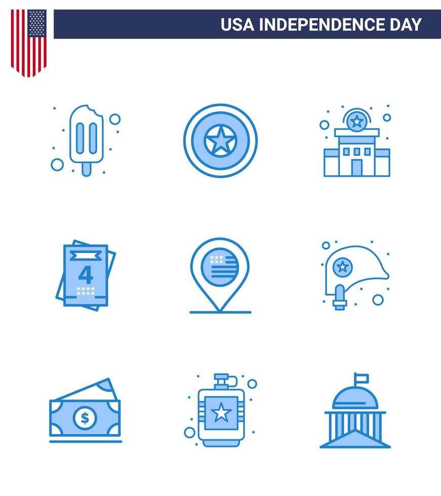 9 paquete azul de estados unidos de signos y símbolos del día de la independencia de la ubicación de la señal policía amor americano elementos de diseño vectorial del día de estados unidos editables vector