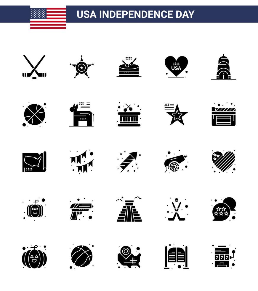 Happy Independence Day 4th July Set of 25 Solid Glyph American Pictograph of building usa drum american heart Editable USA Day Vector Design Elements
