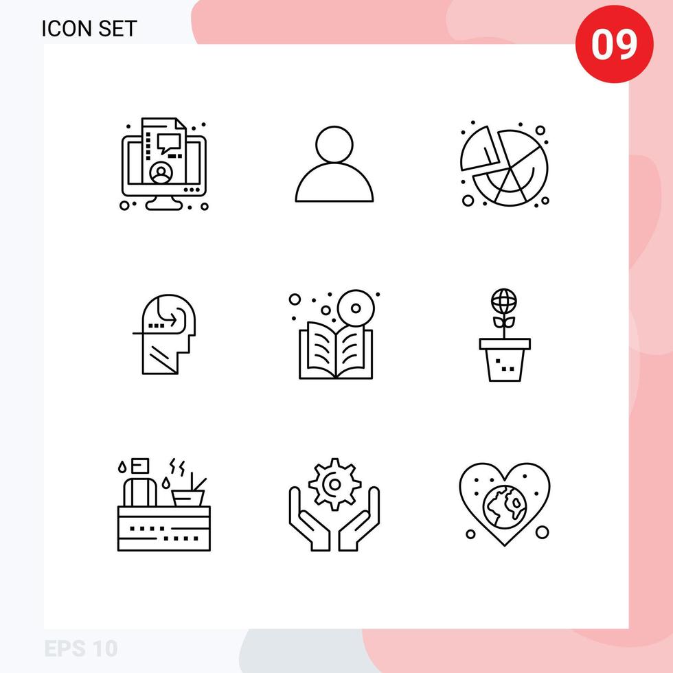 9 Thematic Vector Outlines and Editable Symbols of learning book pie head skill Editable Vector Design Elements