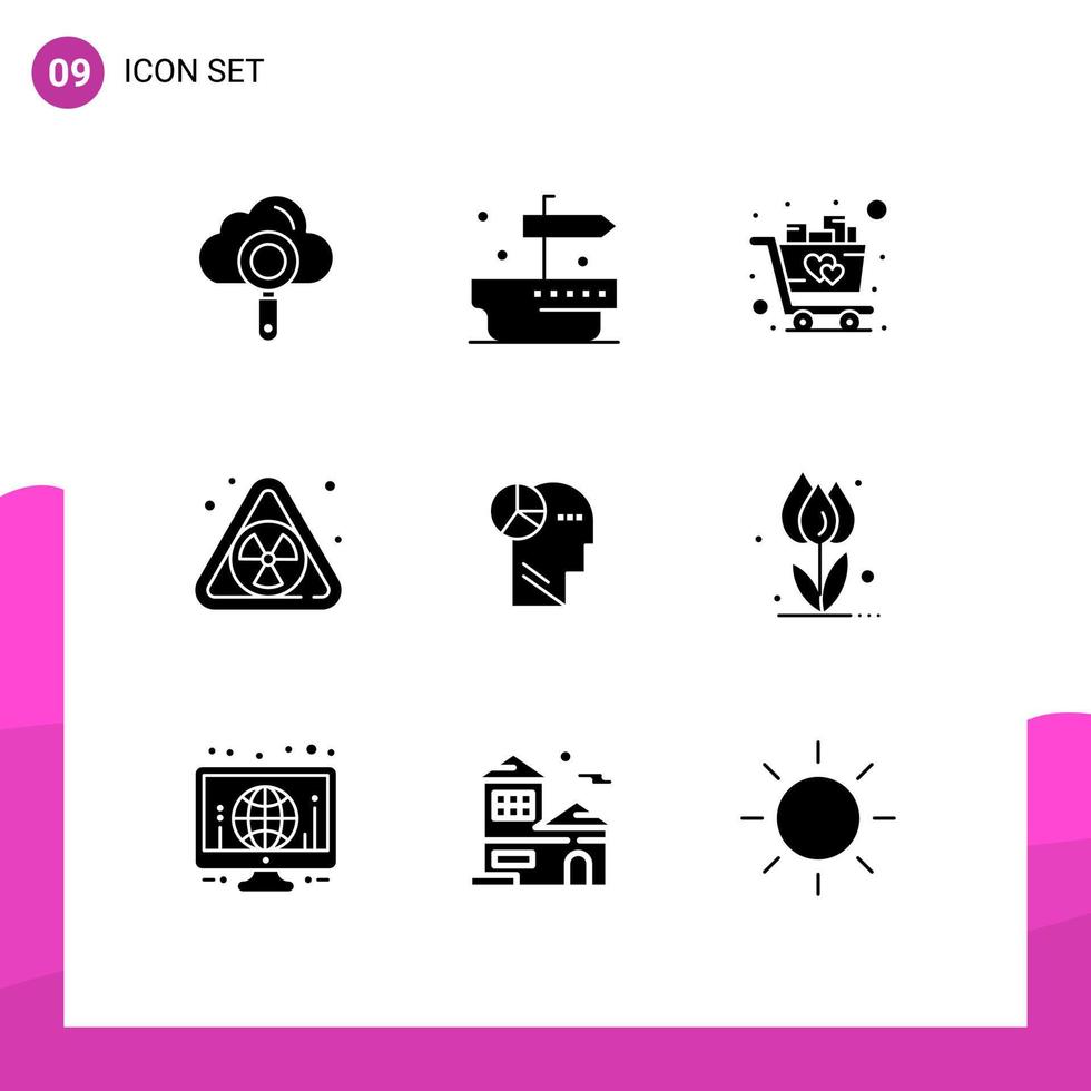 Set of 9 Modern UI Icons Symbols Signs for thinking head love graph pollution Editable Vector Design Elements