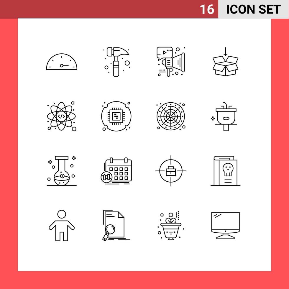 Group of 16 Outlines Signs and Symbols for chip atom megaphone web shepping Editable Vector Design Elements