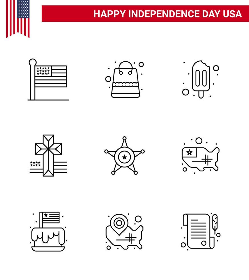 Pack of 9 USA Independence Day Celebration Lines Signs and 4th July Symbols such as usa police ice cream men cross Editable USA Day Vector Design Elements