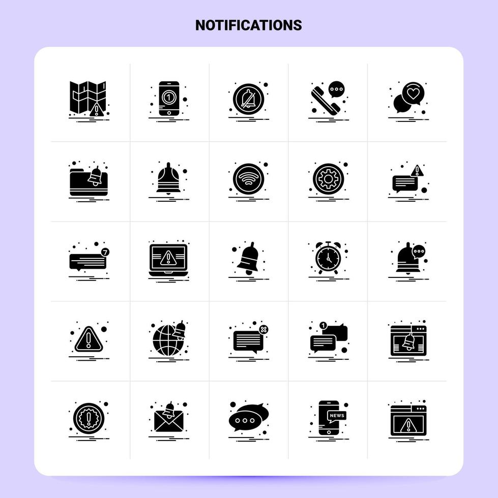 Solid 25 Notifications Icon set Vector Glyph Style Design Black Icons Set Web and Mobile Business ideas design Vector Illustration