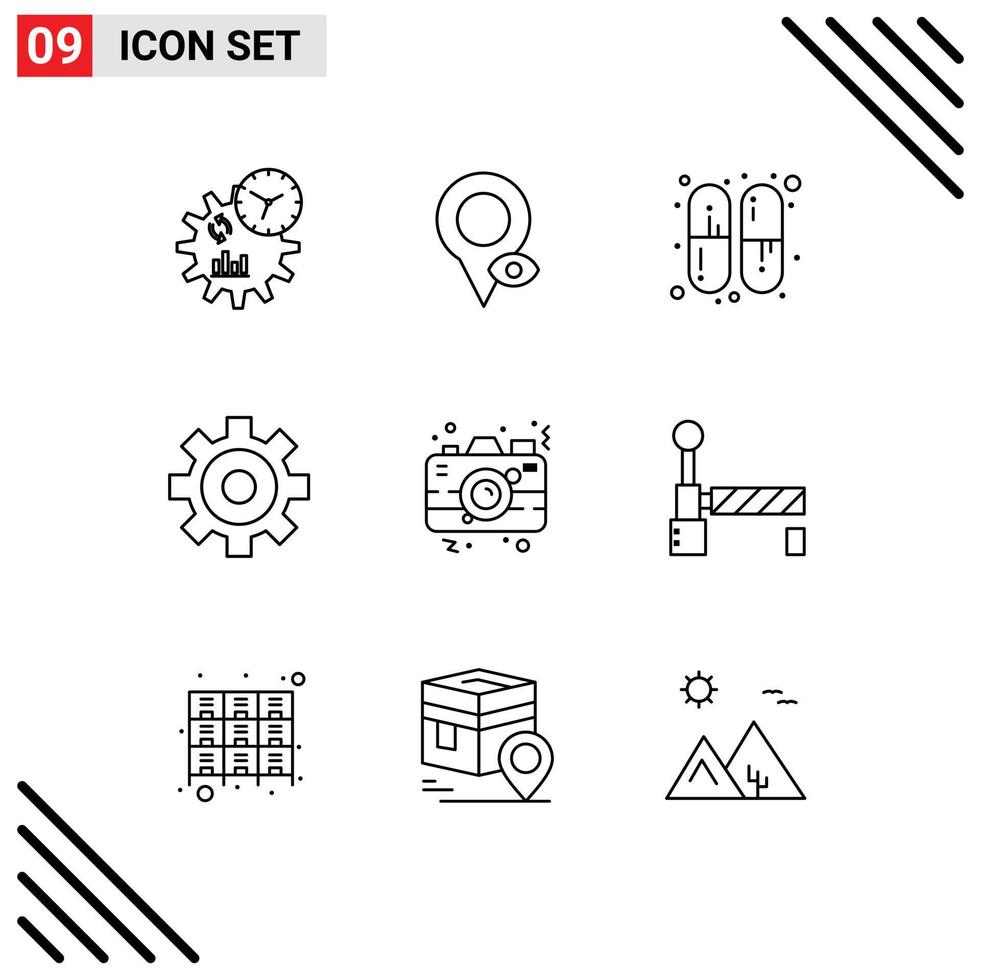 Stock Vector Icon Pack of 9 Line Signs and Symbols for flag picture capsule photo camera Editable Vector Design Elements