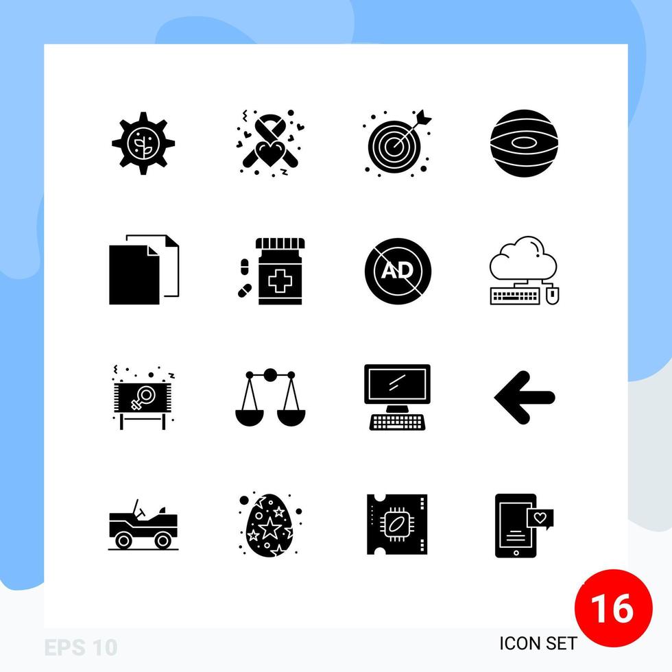 Group of 16 Solid Glyphs Signs and Symbols for bottle duplicate seo document space Editable Vector Design Elements