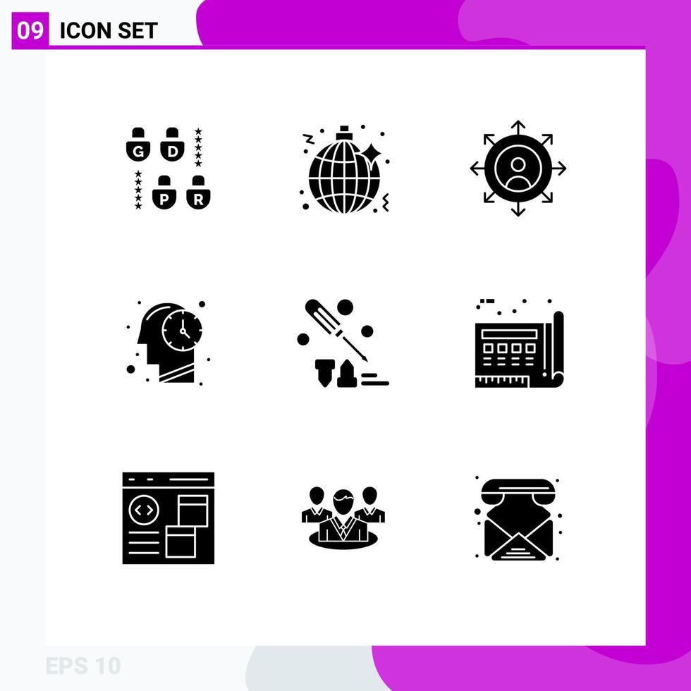 Set of 9 Vector Solid Glyphs on Grid for blue equipment growth construction time Editable Vector Design Elements