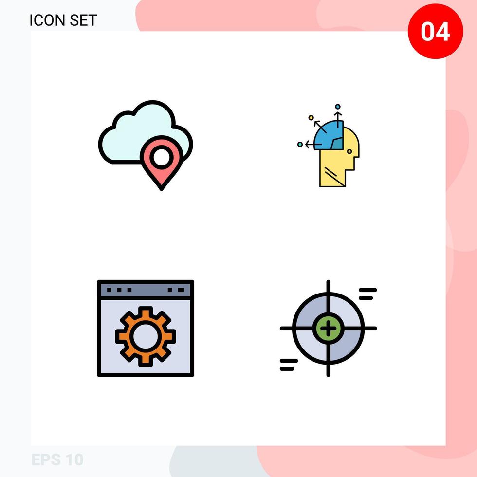 Pictogram Set of 4 Simple Filledline Flat Colors of cloud gear marker mind programming page Editable Vector Design Elements
