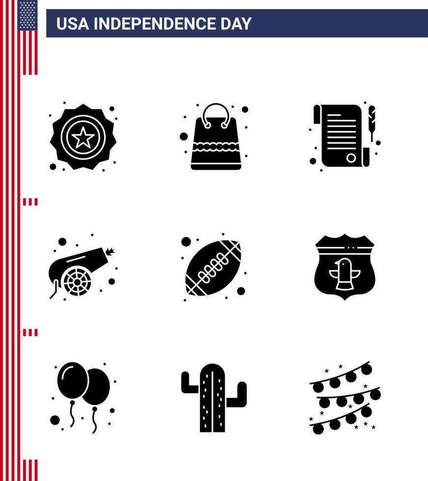 Happy Independence Day 9 Solid Glyphs Icon Pack for Web and Print sports ball paper weapon canon Editable USA Day Vector Design Elements