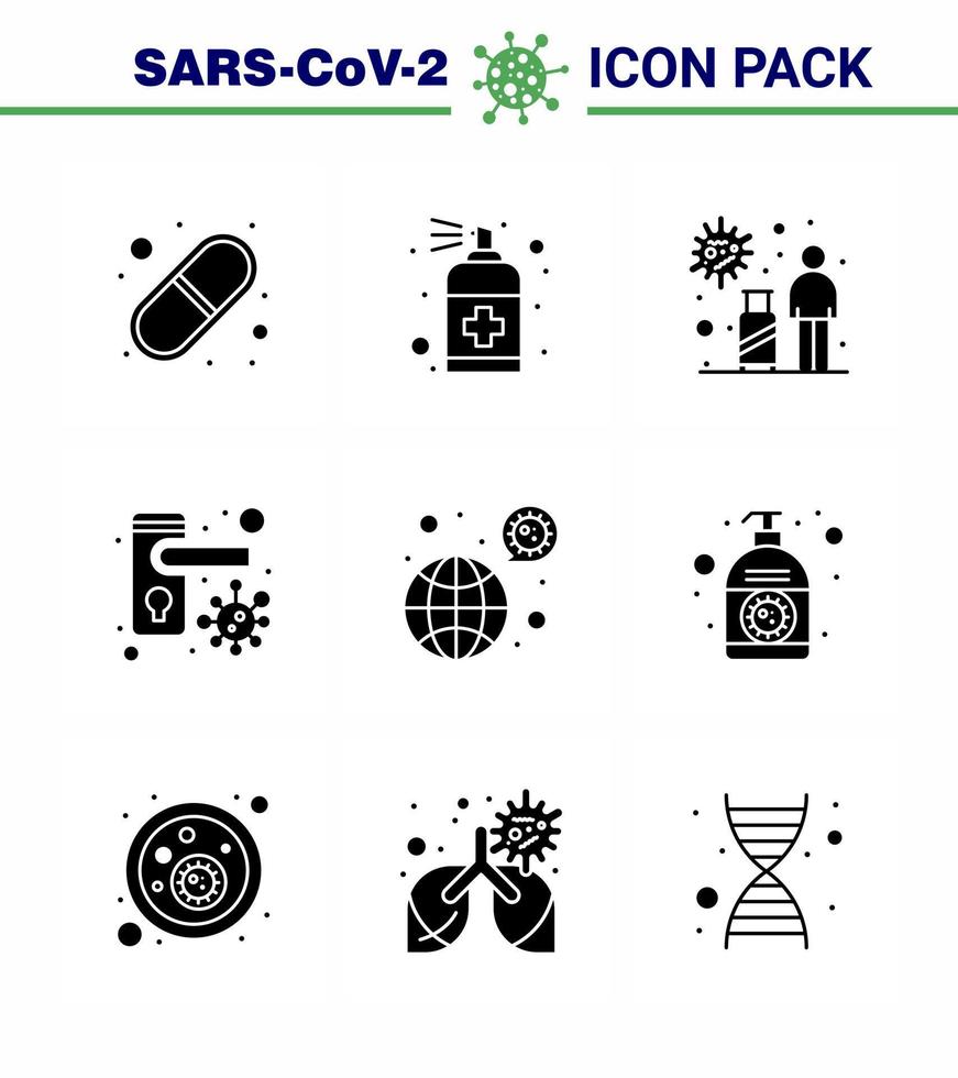 iconos de conjunto de prevención de coronavirus 9 icono negro de glifo sólido como bacterias bloqueadas pomo de puerta de jabón viaje coronavirus viral 2019nov elementos de diseño de vectores de enfermedad