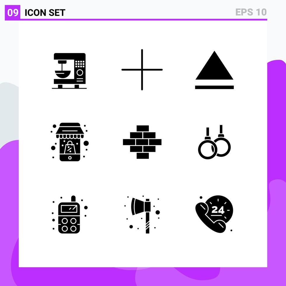 Universal Icon Symbols Group of 9 Modern Solid Glyphs of sport athletic shopping construction bricks Editable Vector Design Elements