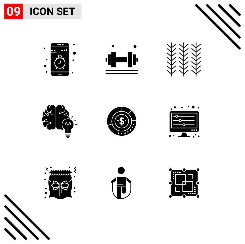 Group of 9 Modern Solid Glyphs Set for mind business gym idea plant Editable Vector Design Elements