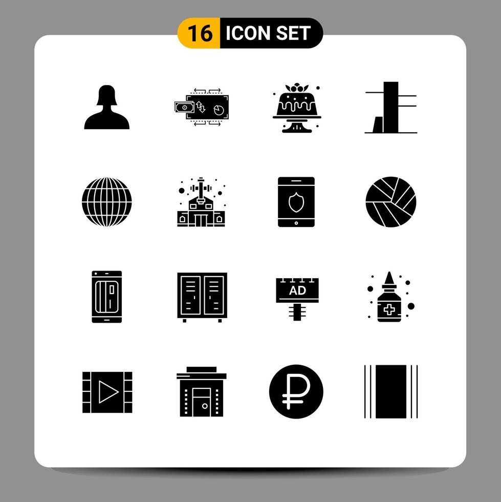 Mobile Interface Solid Glyph Set of 16 Pictograms of building globe bakery global sweet Editable Vector Design Elements