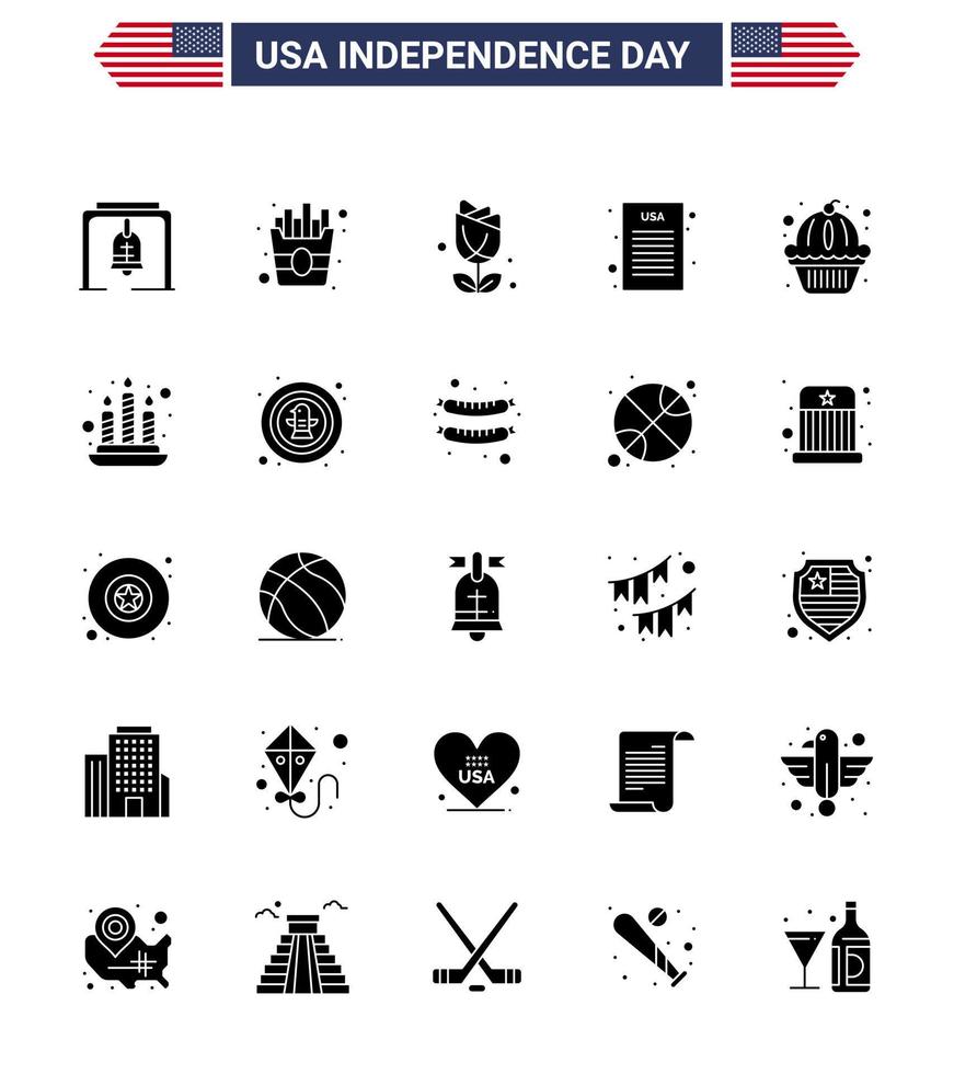 Modern Set of 25 Solid Glyph and symbols on USA Independence Day such as cake muffin imerican american declaration of independence Editable USA Day Vector Design Elements