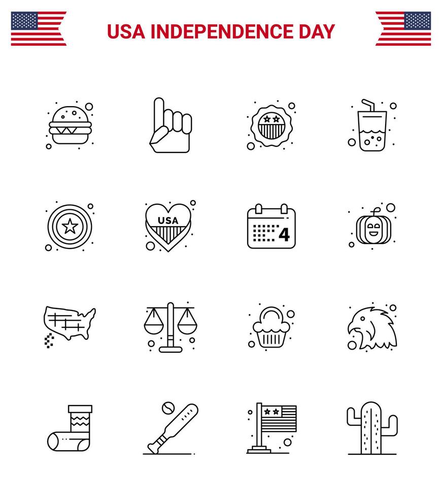 Set of 16 Modern Lines pack on USA Independence Day sign police security cola drink Editable USA Day Vector Design Elements