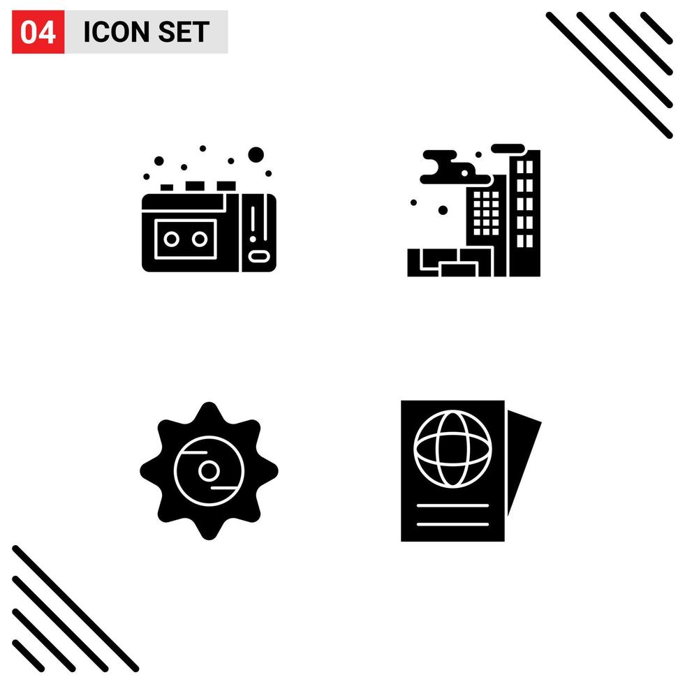Pack of creative Solid Glyphs of tape recording food city bottle passport Editable Vector Design Elements