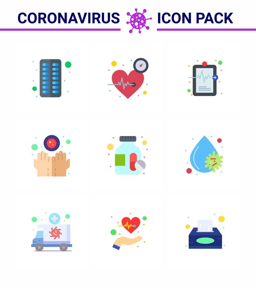 corona virus 2019 y 2020 epidemia 9 paquete de iconos de color plano, como medicamentos cuidado de las manos enfermedad registro médico coronavirus viral 2019nov enfermedad vector elementos de diseño