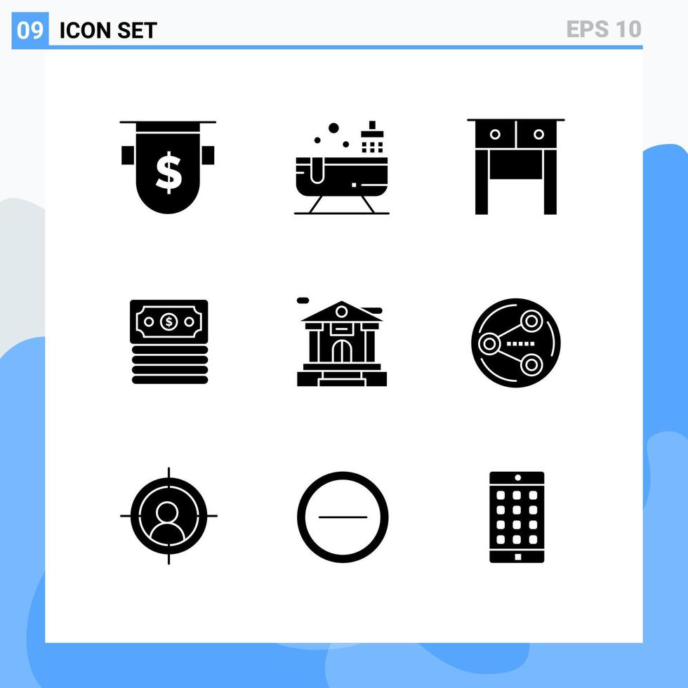9 Solid Glyph concept for Websites Mobile and Apps building bank water money banking Editable Vector Design Elements