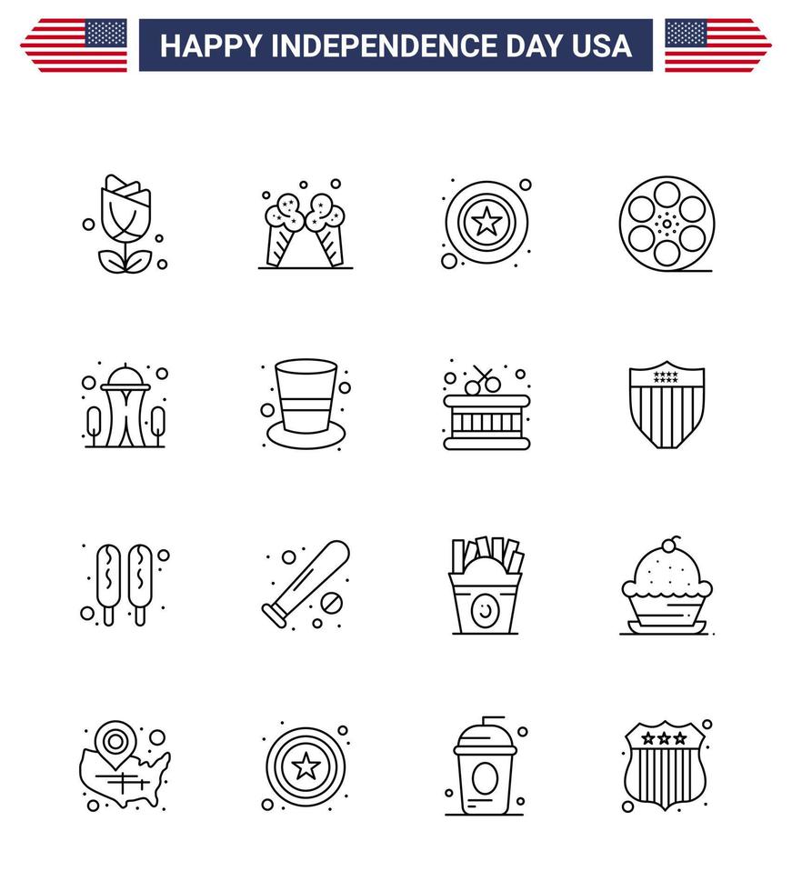 Editable Vector Line Pack of USA Day 16 Simple Lines of landmark american men video movis Editable USA Day Vector Design Elements