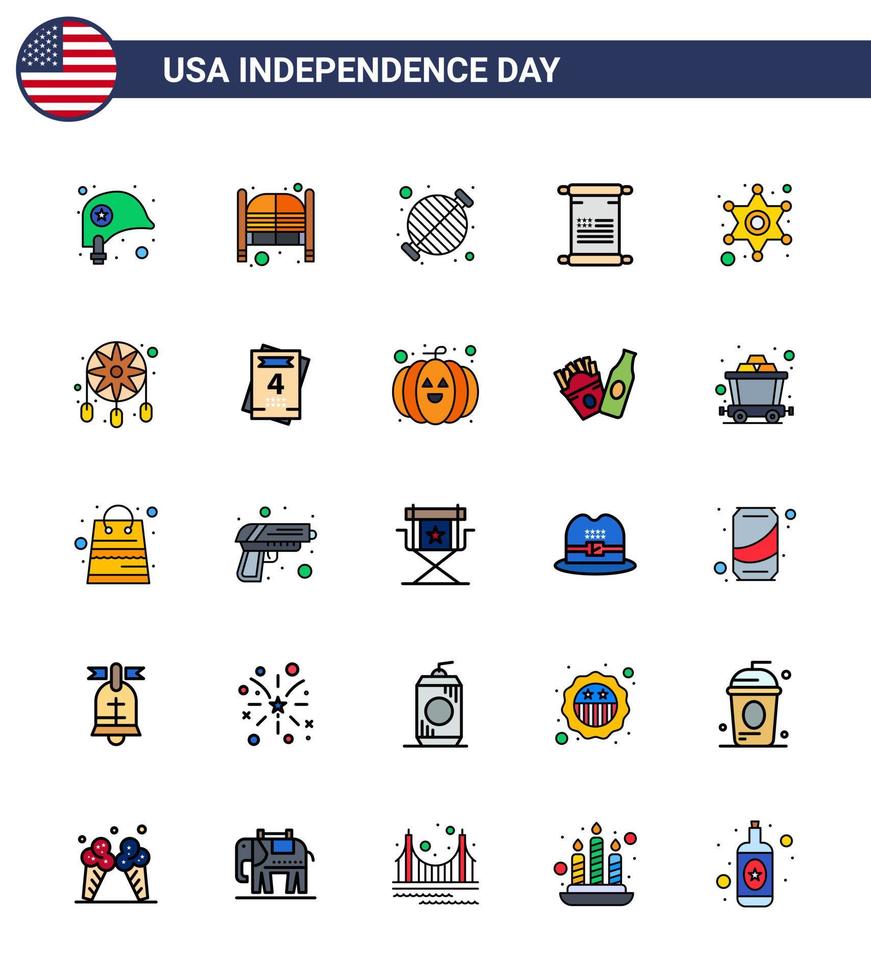 25 USA Flat Filled Line Signs Independence Day Celebration Symbols of usa text entrance scroll grill Editable USA Day Vector Design Elements