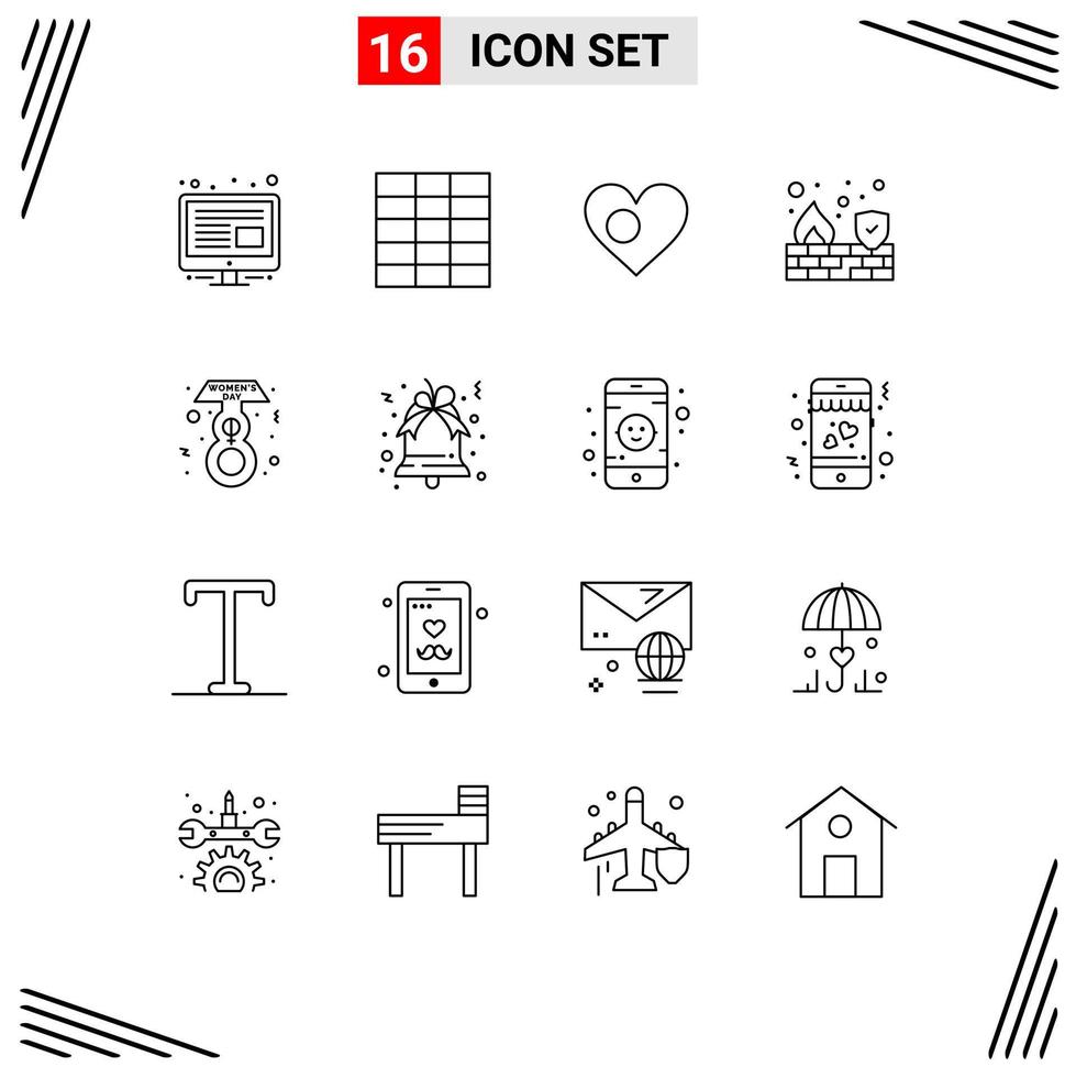 User Interface Pack of 16 Basic Outlines of bell female country eight march security Editable Vector Design Elements