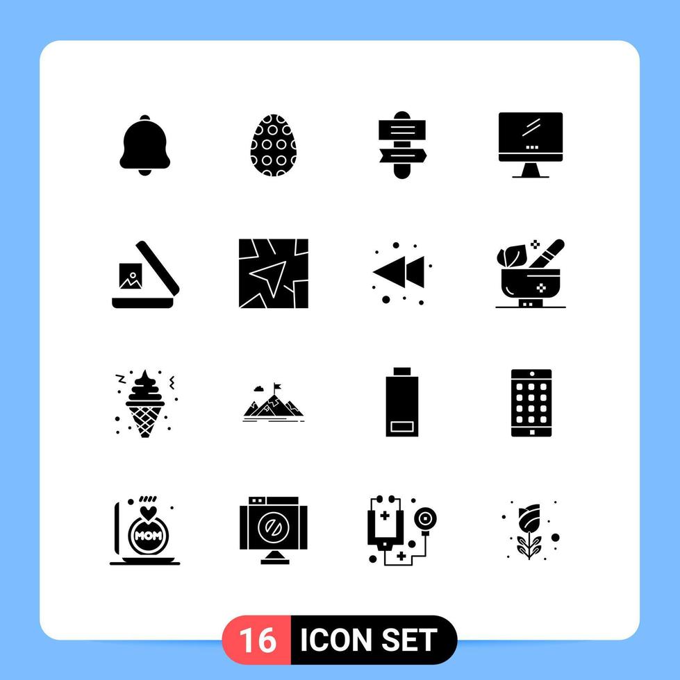 Modern Set of 16 Solid Glyphs Pictograph of gallery pc holiday imac monitor Editable Vector Design Elements