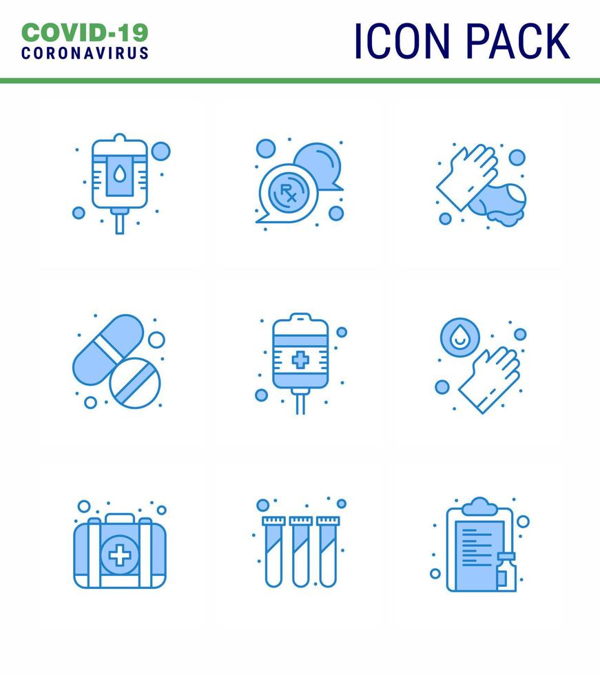 Corona virus disease 9 Blue icon pack suck as treatment drip hands care pill viral coronavirus 2019nov disease Vector Design Elements