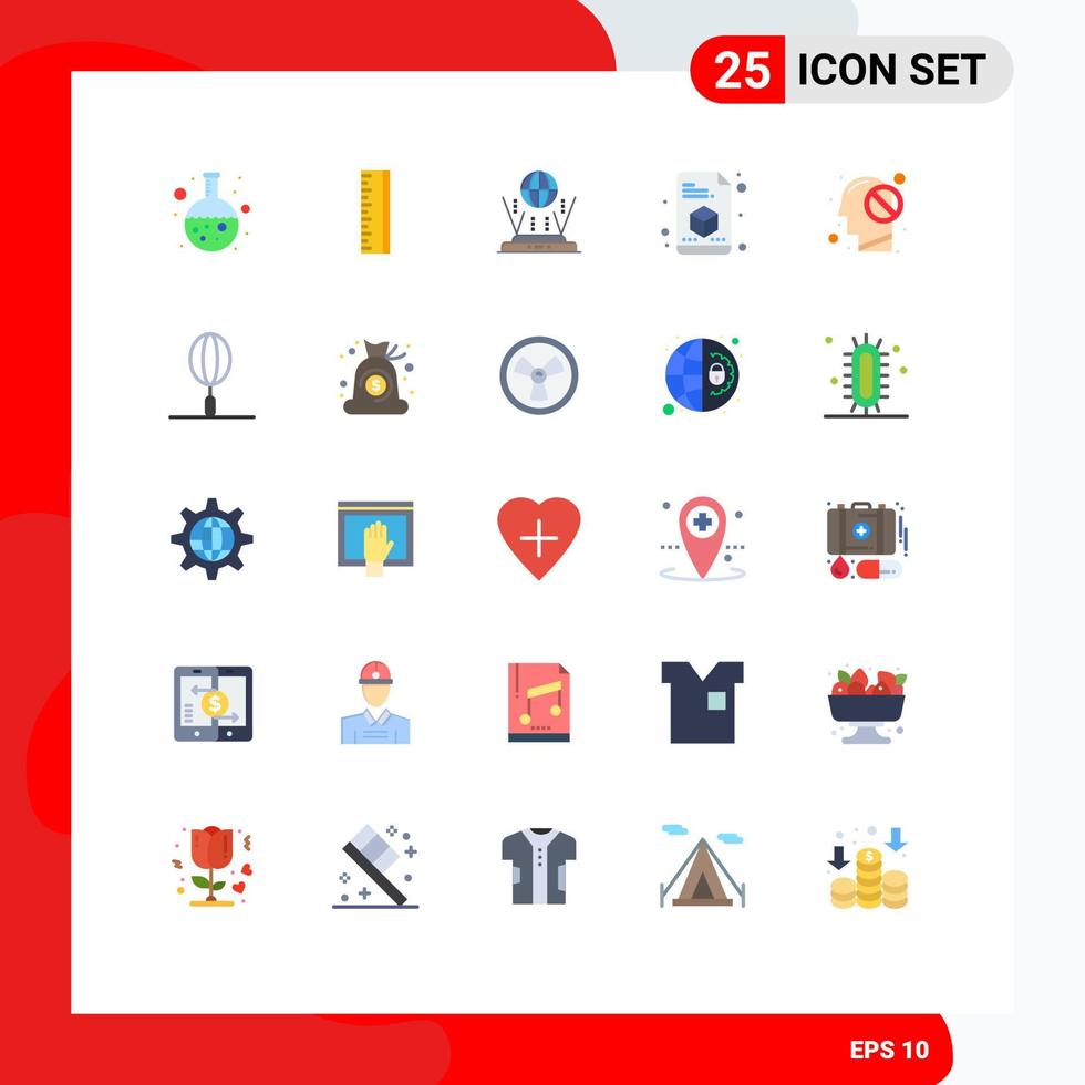 Pictogram Set of 25 Simple Flat Colors of forbidden mind globe human printing Editable Vector Design Elements